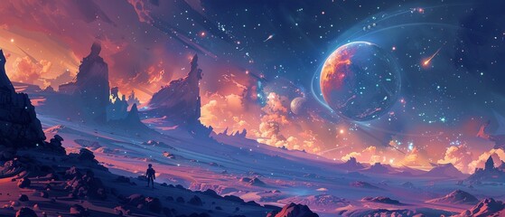 Space travelers exploring unknown planets in a distant galaxy - obrazy, fototapety, plakaty