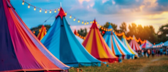 Summer festivities a music festival with colorful tents and happy crowds