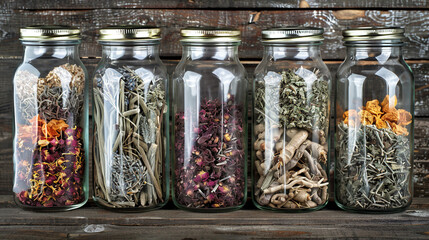 Glass Jars Filled with Herbal Remedy Ingredients - obrazy, fototapety, plakaty