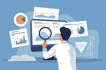 Businessman analyzing SEO optimization research report with magnifying glass, examining website traffic statistics charts and graphs on dashboard to improve search engine rankings and performance.