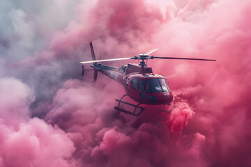 Helicopter with pink smoke flying in the sky for a special event of a baby's sex reveal. Impressive holiday pink smoke powder flight for parents to share a news. Pink smoke-powder. Bomb-Pink
