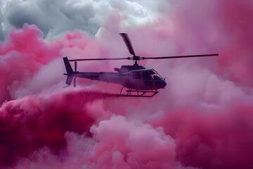 Helicopter with pink smoke flying in the sky for a special event of a baby's sex reveal. Impressive holiday pink smoke powder flight for parents to share a news. Pink smoke-powder. Bomb-Pink