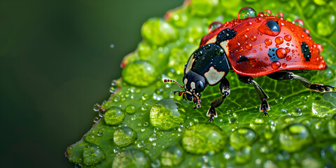 Predator ladybug in action protecting plants,A breathtaking closeup of a vibrant red ladybug resting on a fresh green leaf.
 - obrazy, fototapety, plakaty