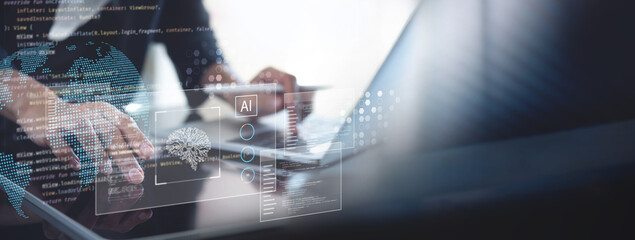 Data science, business intelligence concept. Business man using laptop computer and ai deep learning analyzing business data and marketing, financial report, software development