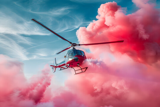 Helicopter with pink smoke flying in the sky for a special event of a baby's sex reveal. Impressive holiday pink smoke powder flight for parents to share a news. Pink smoke-powder. Bomb-Pink