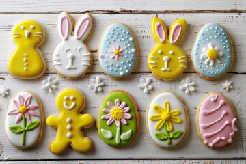 Colorful Easter Cookies on White Wooden Background - Delicious Spring Dessert with Icing, Hare and Flower Decoration