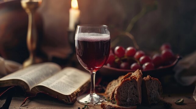 Communion and Remembrance: Lord Supper with Holy Bible and Wine for Easter and Spiritual Practices in 16:9 format