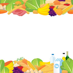 Assorted groceries shopping background  with fruits vegetables  meat and healthy foods.  - 765723552