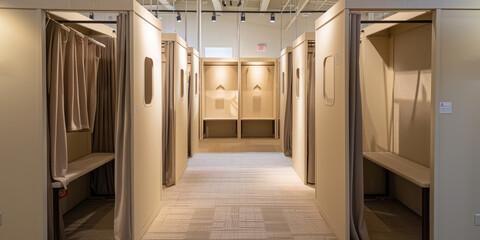Modern Wooden Fitting Rooms in a Fashion Retail Store. Row of empty, well-lit fitting rooms with in a contemporary clothing store.