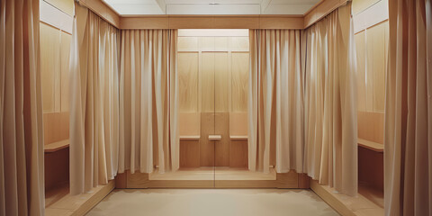 Modern Wooden Fitting Rooms in a Fashion Retail Store. Row of empty, well-lit fitting rooms with in a contemporary clothing store.