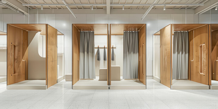 Modern Wooden Fitting Rooms in a Fashion Retail Store. Row of empty, well-lit fitting rooms with in a contemporary clothing store.
