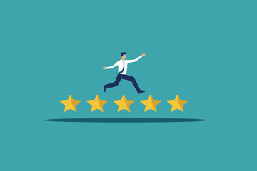 Businessman balancing on five star rating, employee performance review evaluation, excellent feedback and success opinion, annual appraisal assessment for work efficiency and achievement concept.