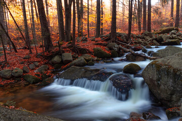 Wodospad na rzece Podgórna (Przesieka) jesienią w otoczeniu lasu w górach Karkonosze