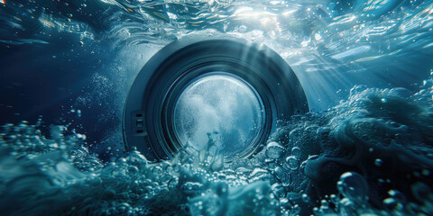 Ocean Swirl: Creative View Through Washing Machine Door. Advertising creative banner to promote washing machines and laundry products, sea freshness. - obrazy, fototapety, plakaty