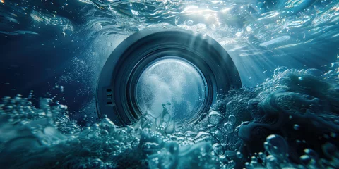 Fotobehang Ocean Swirl: Creative View Through Washing Machine Door. Advertising creative banner to promote washing machines and laundry products, sea freshness. © dinastya