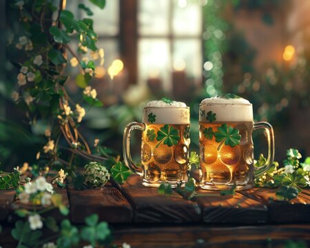 Two frosty beer mugs with shamrock motifs surrounded by fresh clover, embodying the spirit of Saint Patrick's Day festivities.