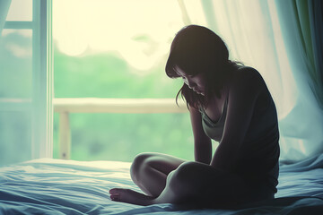 Asian girl feeling sad and lonely in the bedroom under dim light - obrazy, fototapety, plakaty