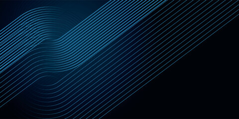 Abstract glowing circle lines on dark blue background. Modern shiny blue diagonal rounded lines pattern. Futuristic technology concept. Suitable for covers, banners, presentations