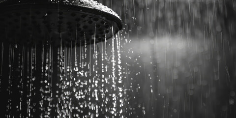 Refreshing Cascade: Rain Shower in Action. Close-up of water droplets cascading from a rain shower head, capturing the essence of a refreshing shower, copy space. - obrazy, fototapety, plakaty