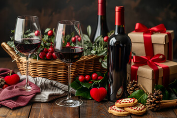 a wooden basket full of gifts of wine bottles and red grapes presented in a creative manner