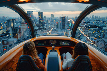 Two women sitting inside modern flying car, navigating through the urban skyline, enjoying the panoramic view from the cabin