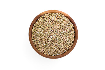 Green buckwheat in wooden bowl isolated on white background.