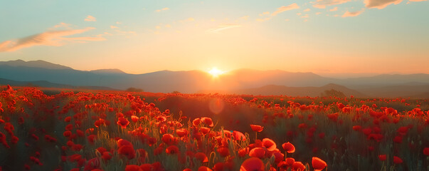 Beautiful field of red poppies in sunset light - obrazy, fototapety, plakaty