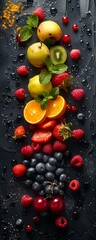 Create a striking high-angle image featuring fruits arranged in a way that symbolizes the four classical elements--earth, air, fire, and water Use a mix 