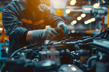 Automotive mechanic job. Caucasian auto service worker performing vehicle maintenance - obrazy, fototapety, plakaty
