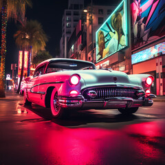 Classic car with a modern twist in a neon-lit city 
