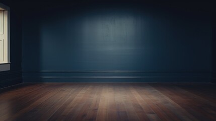 Empty room with wooden floor and navy wall with natural shadow from window.