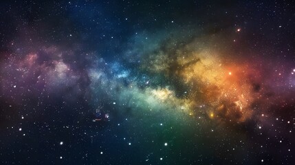 Vivid space scene with nebula and stars displaying horizontal rainbow colors, night sky and vibrant milky way - obrazy, fototapety, plakaty