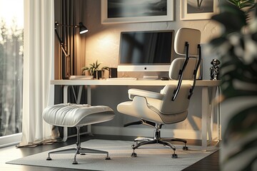 Sleek home office setup, white desk and ergonomic chair, soft light
