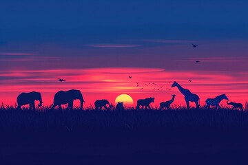 Silhouetted safari animals, sunset colors, abstract horizon