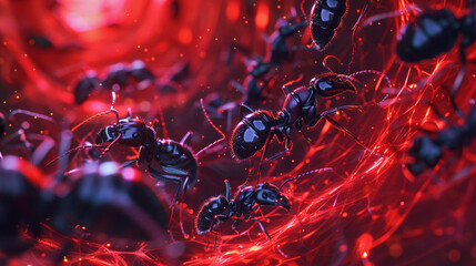 A colony of ants marching in a mesmerizing abstract fluid background. - obrazy, fototapety, plakaty