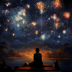 Fireworks illuminating the night sky.