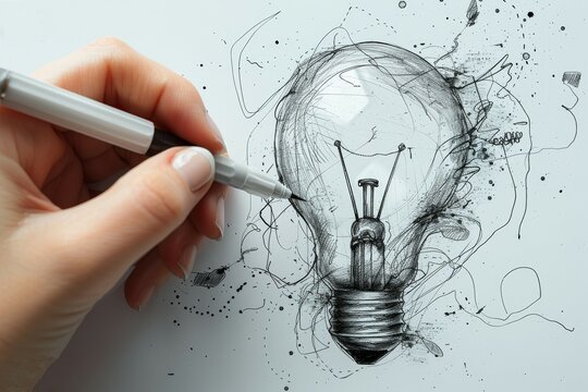 A designer draws a light bulb as a concept for brainstorming and inspiration