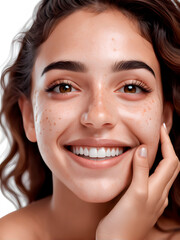 Vertical portrait of young Hispanic woman with freckles on face isolated on white background. Beautiful latina girl model looking at camera advertising skin care.