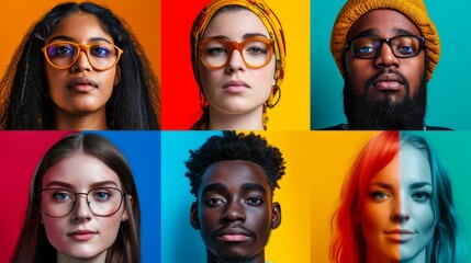 Diverse Faces Grid on Vibrant Background Ai generated