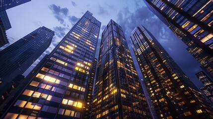 Fototapeta na wymiar Row of Illuminated Office Buildings at Night