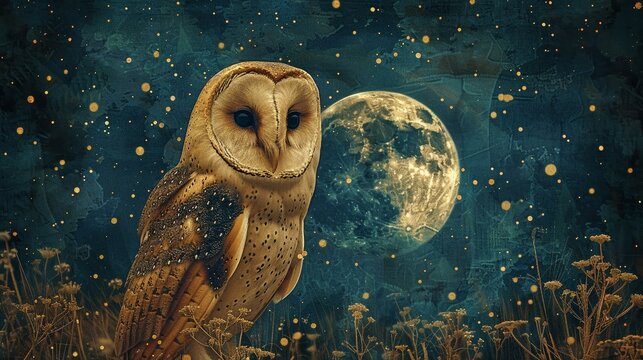 Moonlit owl, abstract night sky, stars pattern