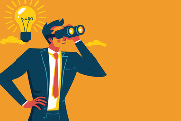 Businessman using binoculars to discover lightbulb idea, creativity and vision for new business opportunities, solutions and success, curiosity and searching concept for entrepreneurial growth. - obrazy, fototapety, plakaty