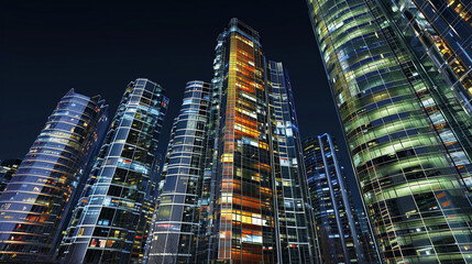 Row of Illuminated Office Buildings at Night