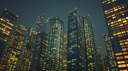 Row of Illuminated Office Buildings at Night