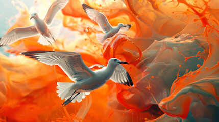 A flock of seagulls soaring through a captivating abstract fluid background.