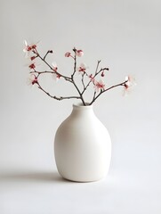 A white porcelain vase with pink peach blossoms painted on it, Chinese style, on an allwhite background,