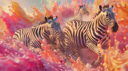A group of zebras running in a vibrant abstract fluid background.