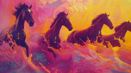 A herd of wild horses galloping through a vibrant abstract fluid background. - obrazy, fototapety, plakaty