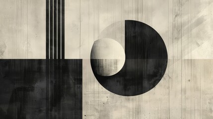 A minimalist piece featuring monochrome geometric shapes on a textured backdrop with a modernist vibe..