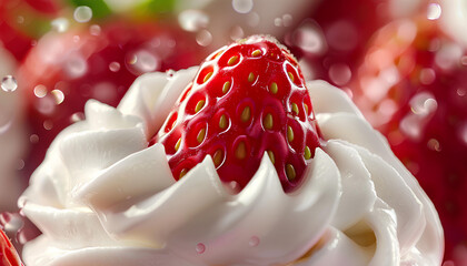 Strawberry with whipped cream on top over blurred sweet dessert background - obrazy, fototapety, plakaty